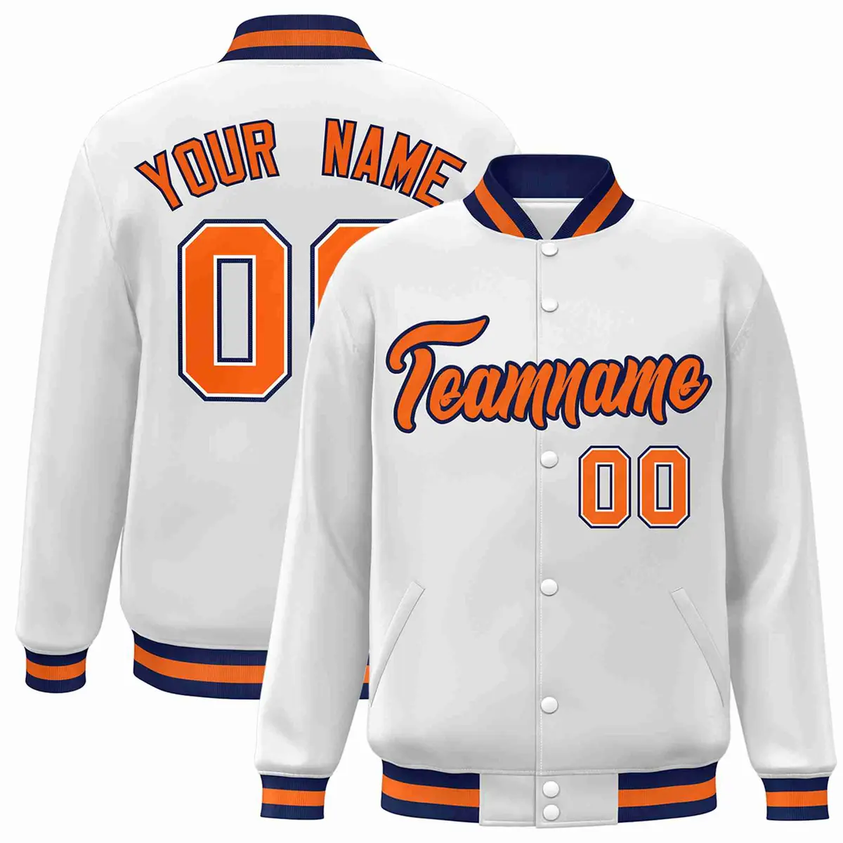 White Orange-Navy Classic Varsity Full-Snap Letterman Jacket