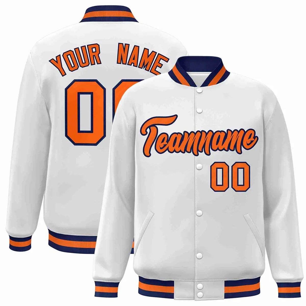 White Orange-Navy Classic Varsity Full-Snap Letterman Jacket