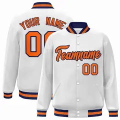 White Orange-Navy Classic Varsity Full-Snap Letterman Jacket 1