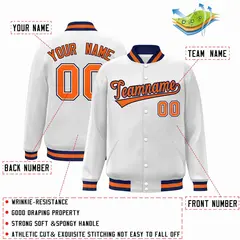 White Orange-Navy Classic Varsity Full-Snap Letterman Jacket 2