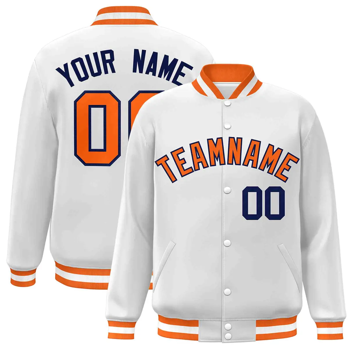 White Orange-Navy Classic Varsity Full-Snap Letterman Jacket
