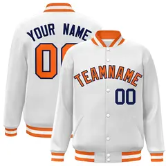 White Orange-Navy Classic Varsity Full-Snap Letterman Jacket 1