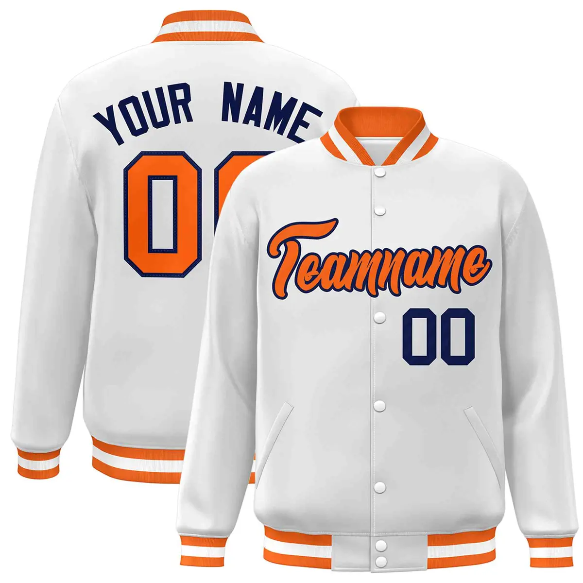 White Orange-Navy Classic Varsity Full-Snap Letterman Jacket