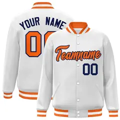 White Orange-Navy Classic Varsity Full-Snap Letterman Jacket