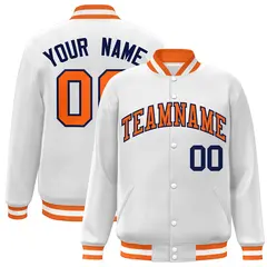 White Orange-Navy Classic Varsity Full-Snap Letterman Jacket 1
