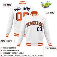 White Orange-Navy Classic Varsity Full-Snap Letterman Jacket 4