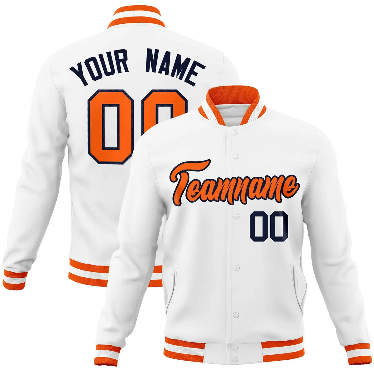 White Orange-Navy Classic Varsity Full-Snap Letterman Jacket