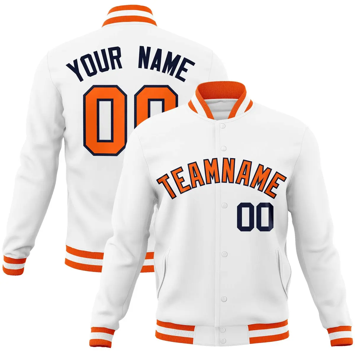White Orange-Navy Classic Varsity Full-Snap Letterman Jacket
