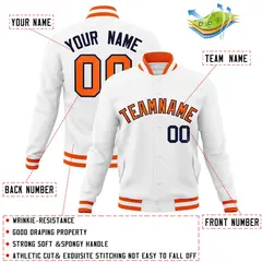 White Orange-Navy Classic Varsity Full-Snap Letterman Jacket 4