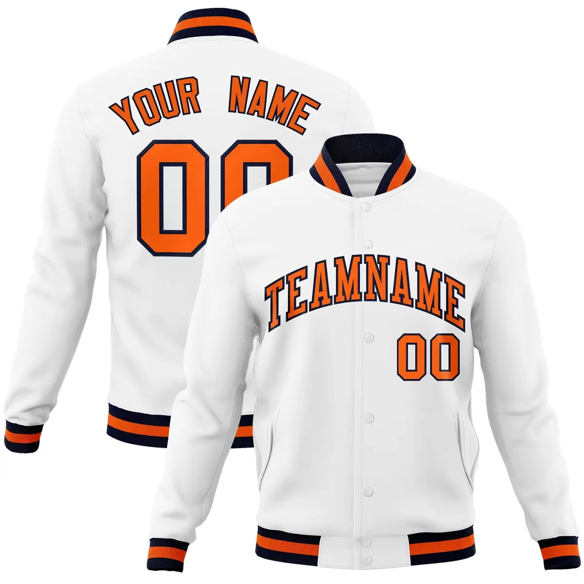 White Orange-Navy Classic Varsity Full-Snap Letterman Jacket