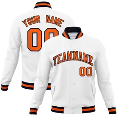 White Orange-Navy Classic Varsity Full-Snap Letterman Jacket 1