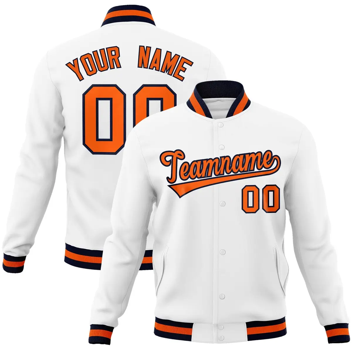 White Orange-Navy Classic Varsity Full-Snap Letterman Jacket