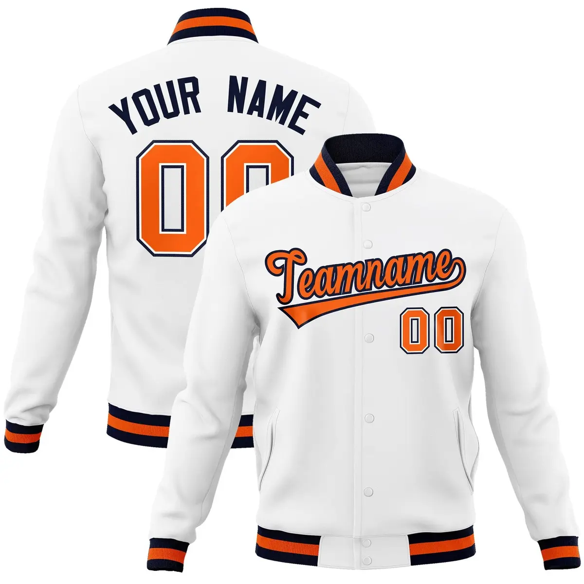 White Orange-Navy Classic Varsity Full-Snap Letterman Jacket