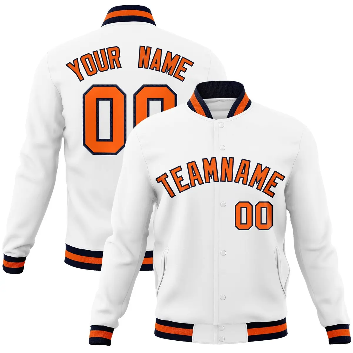 White Orange-Navy Classic Varsity Full-Snap Letterman Jacket