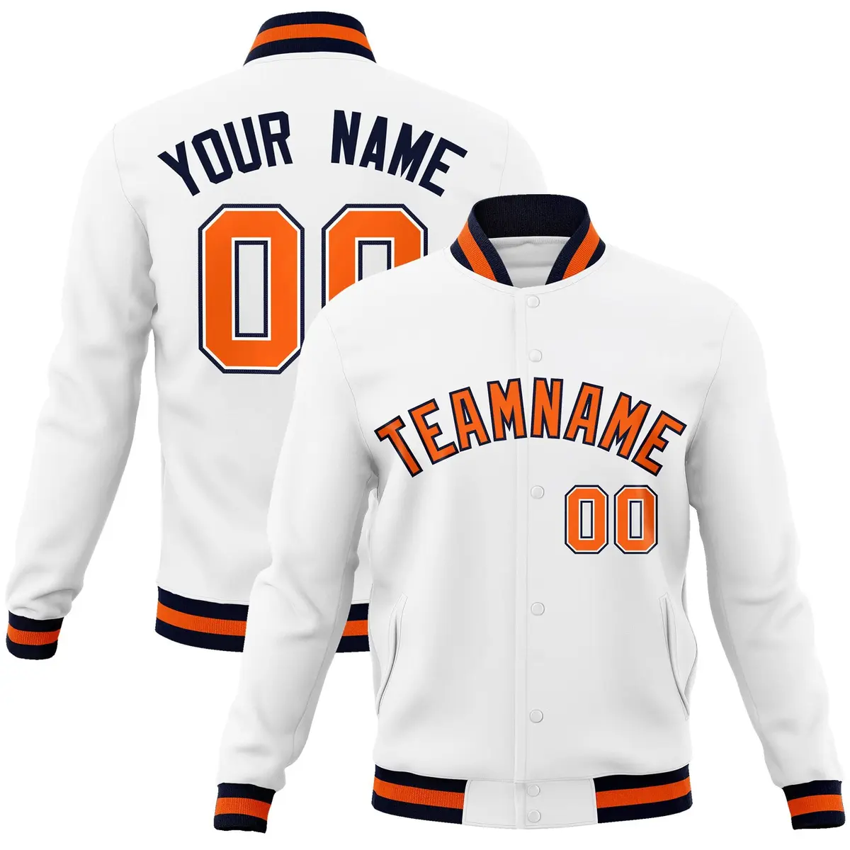 White Orange-Navy Classic Varsity Full-Snap Letterman Jacket