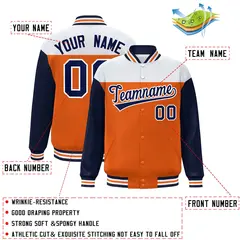 White Orange-Navy Color Block Letterman Full-Snap Baseball Jacket 2