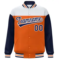 White Orange-Navy Color Block Letterman Full-Snap Baseball Jacket 3