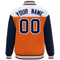White Orange-Navy Color Block Letterman Full-Snap Baseball Jacket 4