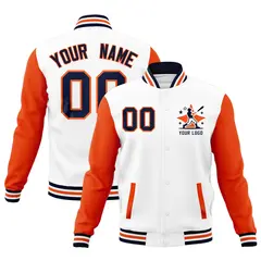 White Orange Navy Raglan Sleeves Full-Snap Letterman Cotton Jacket 1