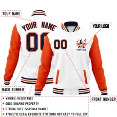 White Orange Navy Raglan Sleeves Full-Snap Letterman Cotton Jacket 2