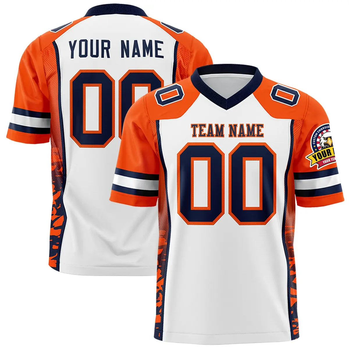 White Orange-Navy Raglan Sleeves Side Pattern Football Jersey