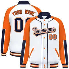 White Orange-Navy Raglan Varsity Full-Snap Letterman Baseball Jacket 1