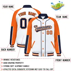 White Orange-Navy Raglan Varsity Full-Snap Letterman Baseball Jacket 2