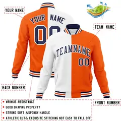 White Orange-Navy Two Tone Split Varsity Letterman Jacket 4