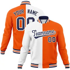 White Orange-Navy Two Tone Split Varsity Letterman Jacket 1