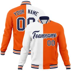 White Orange-Navy Two Tone Split Varsity Letterman Jacket 1