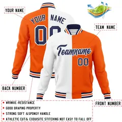 White Orange-Navy Two Tone Split Varsity Letterman Jacket 4