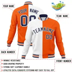 White Orange-Navy Two Tone Split Varsity Letterman Jacket 4
