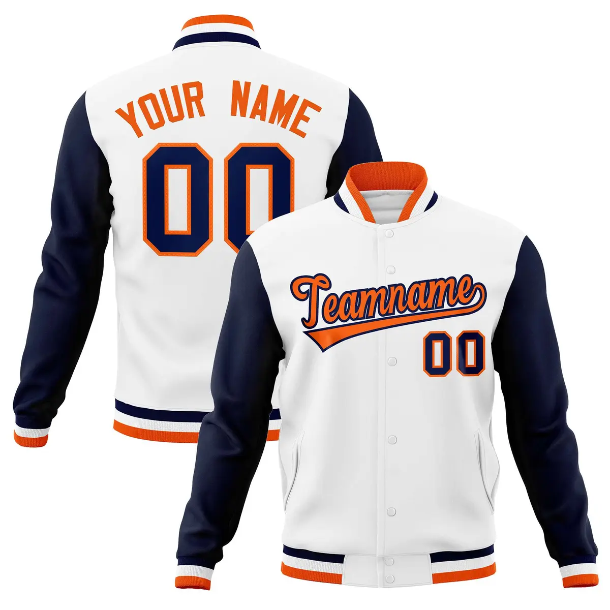 White Orange-Navy Varsity Full-Snap Raglan Letterman Jacket