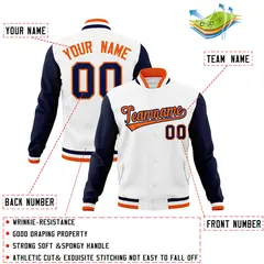 White Orange-Navy Varsity Full-Snap Raglan Letterman Jacket 4