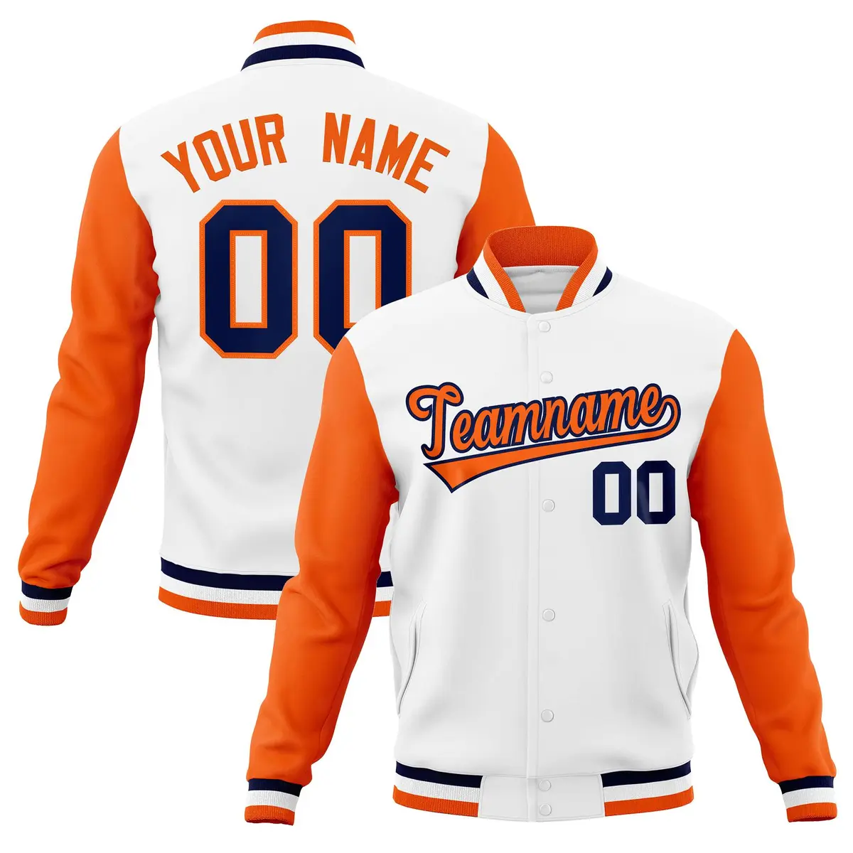 White Orange-Navy Varsity Full-Snap Raglan Letterman Jacket
