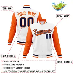 White Orange-Navy Varsity Full-Snap Raglan Letterman Jacket 4