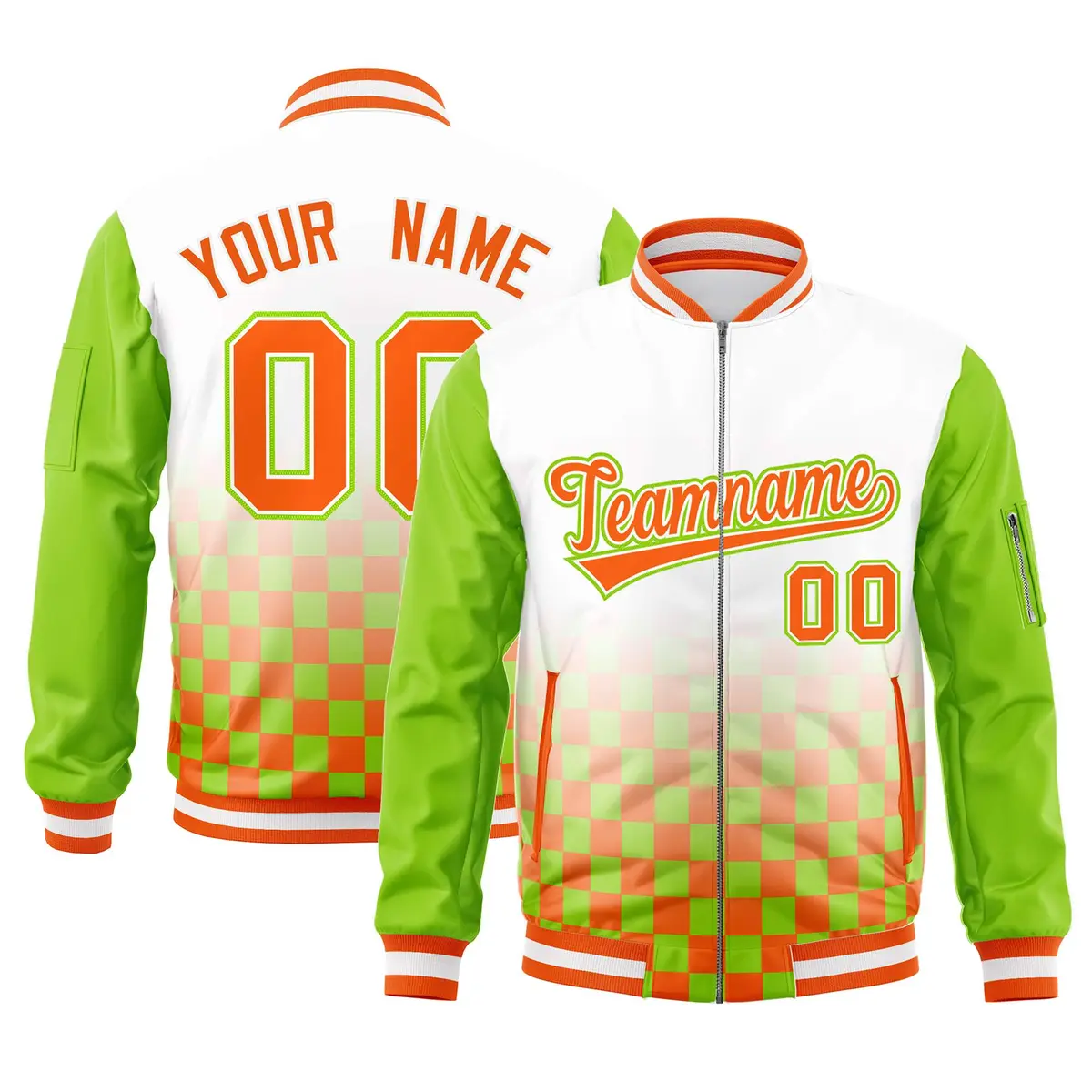White Orange-Neon Green Grid Color Block Letterman Raglan Jacket