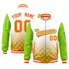 White Orange-Neon Green Grid Color Block Letterman Raglan Jacket 1