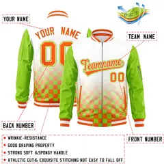 White Orange-Neon Green Grid Color Block Letterman Raglan Jacket 2