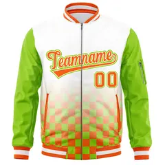 White Orange-Neon Green Grid Color Block Letterman Raglan Jacket 3