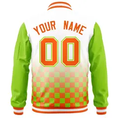 White Orange-Neon Green Grid Color Block Letterman Raglan Jacket 4