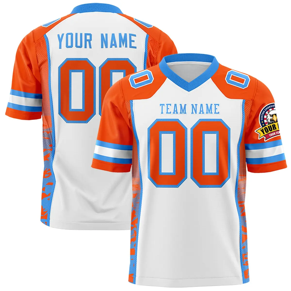 White Orange-Powder Blue Raglan Sleeves Side Pattern Football Jersey