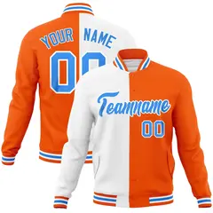 White Orange-Powder Blue Two Tone Split Varsity Full-Snap Letterman Jacket