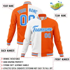 White Orange-Powder Blue Two Tone Split Varsity Full-Snap Letterman Jacket 4