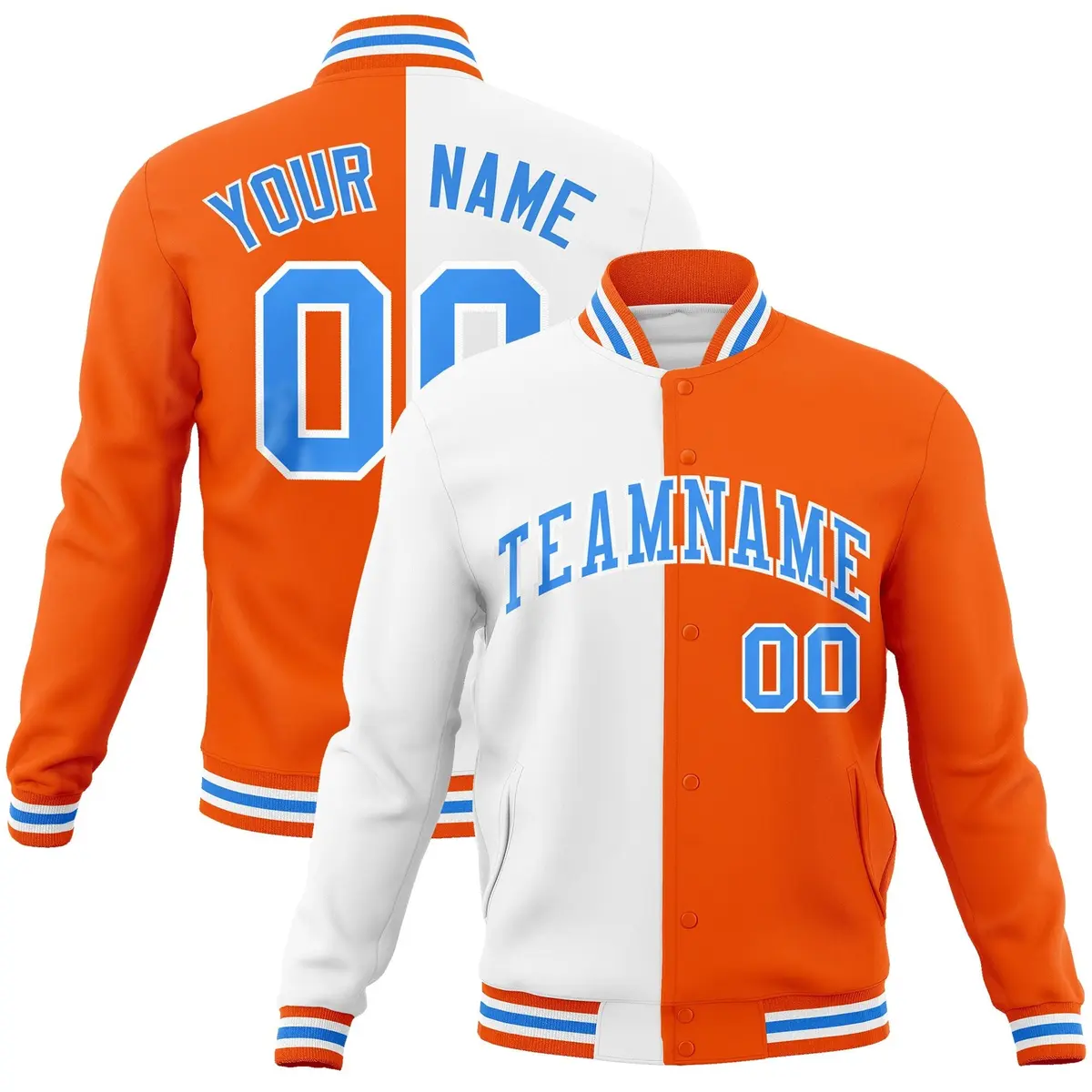 White Orange-Powder Blue Two Tone Split Varsity Full-Snap Letterman Jacket