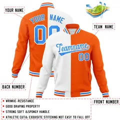 White Orange-Powder Blue Two Tone Split Varsity Full-Snap Letterman Jacket 4