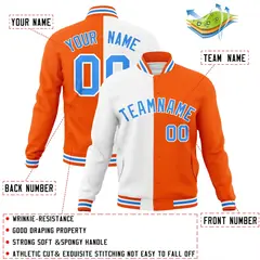 White Orange-Powder Blue Two Tone Split Varsity Full-Snap Letterman Jacket 4