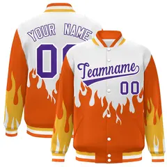 White Orange-Purple Flame Graffiti Varsity Full-Snap Bomber Jacket