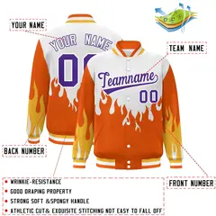 White Orange-Purple Flame Graffiti Varsity Full-Snap Bomber Jacket 2