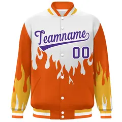 White Orange-Purple Flame Graffiti Varsity Full-Snap Bomber Jacket 3